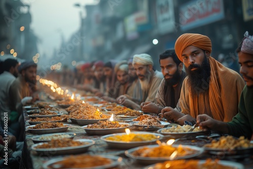 During Ramadan , Group of Men Sitting Around a Long Table Filled With Food © Joaquin Corbalan