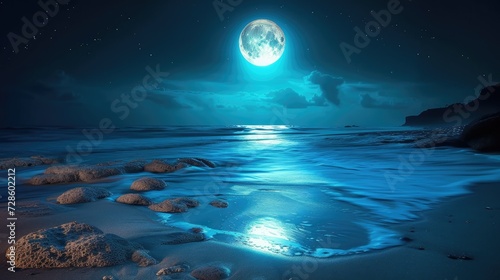 The bIg and beautiful moonlight and the ocean coast with light, blue glow in the sea.