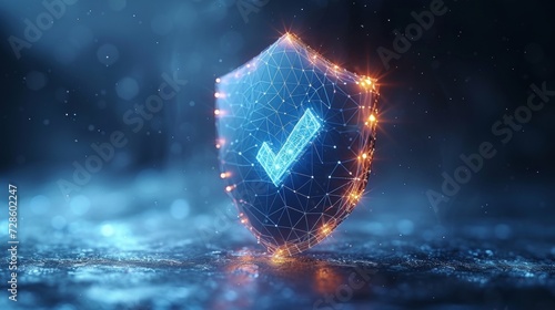 Technology for secure services. Polygonal wireframe shield with check mark on dark blue. Cyber shield, antivirus protection, internet security, firewall, privacy concept. photo