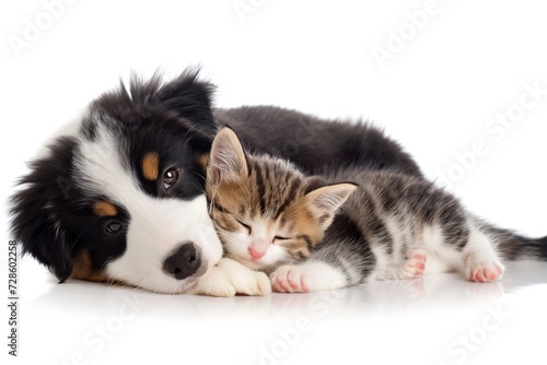 A puppy and a kitten take a nap cuddling, adorable, on white studio background. © Joaquin Corbalan