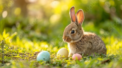 A furry rabbit watches over the Easter eggs on the grass.