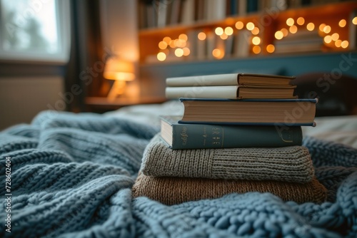 cozy reading corner - books on the bed among blankets with warm lighting with lights