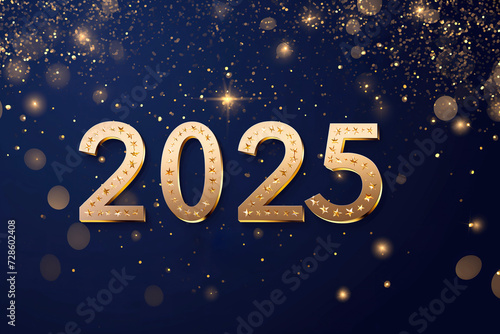 A mesmerizing composition featuring new year elegant 2025 gold numbers and an ethereal array of stars against a captivating blue backdrop.