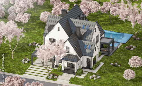 Canvas Print 3d rendering of cute cozy white and black modern Tudor style house with parking  and pool for sale or rent