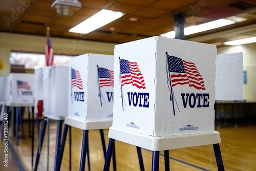 a straight line of voting booths adorned with American flags.