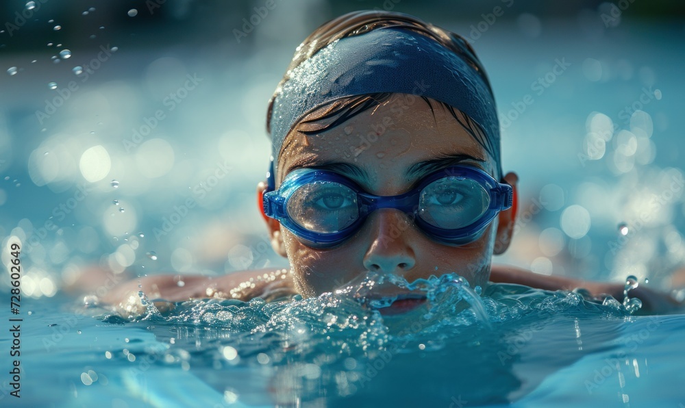 Fototapeta premium swimmer teenager in glasses and a cap swims in a sports pool