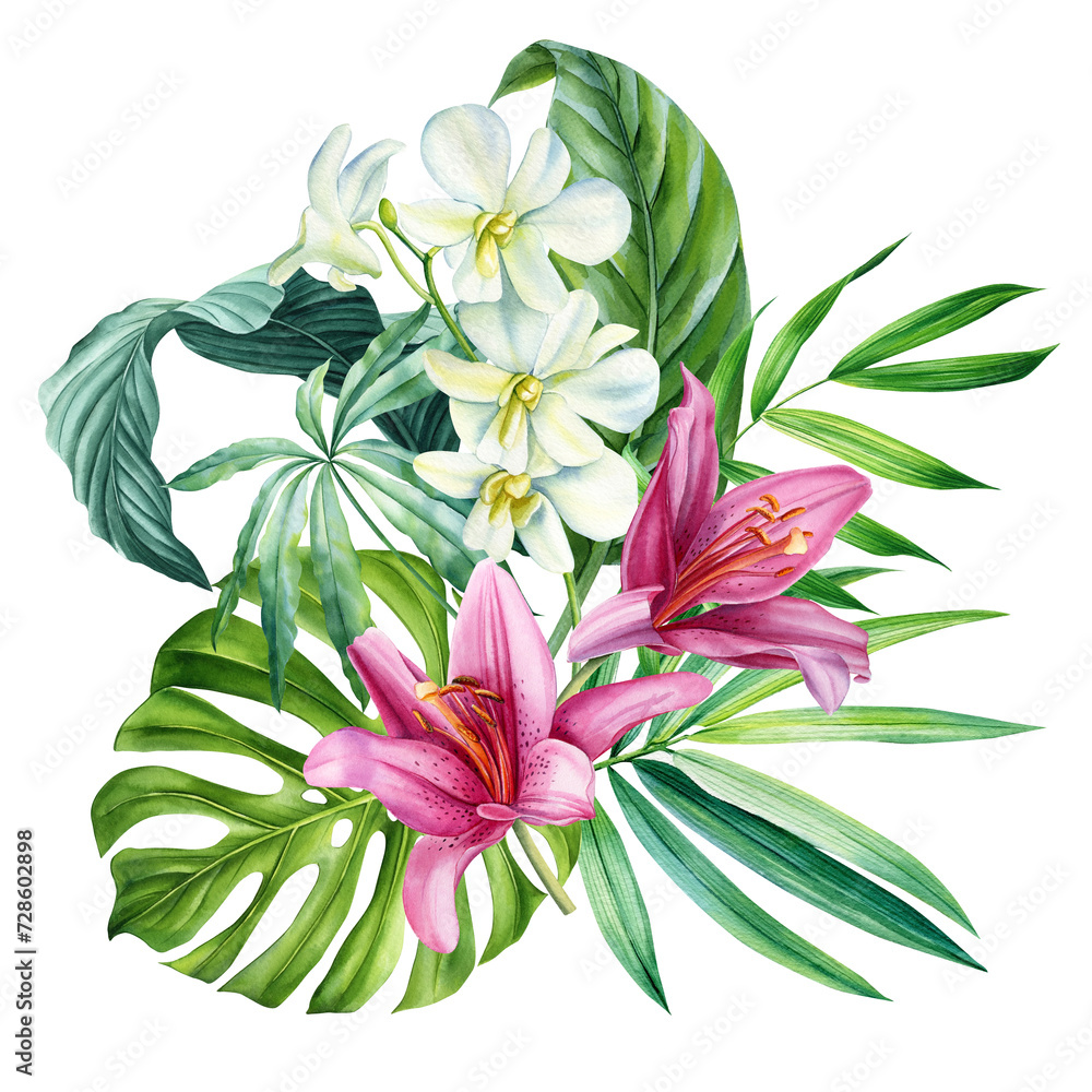 Exotic orchid, lily flowers, palm leaves drawn in watercolor. Botanical trendy compositions. Botanic plants isolated 