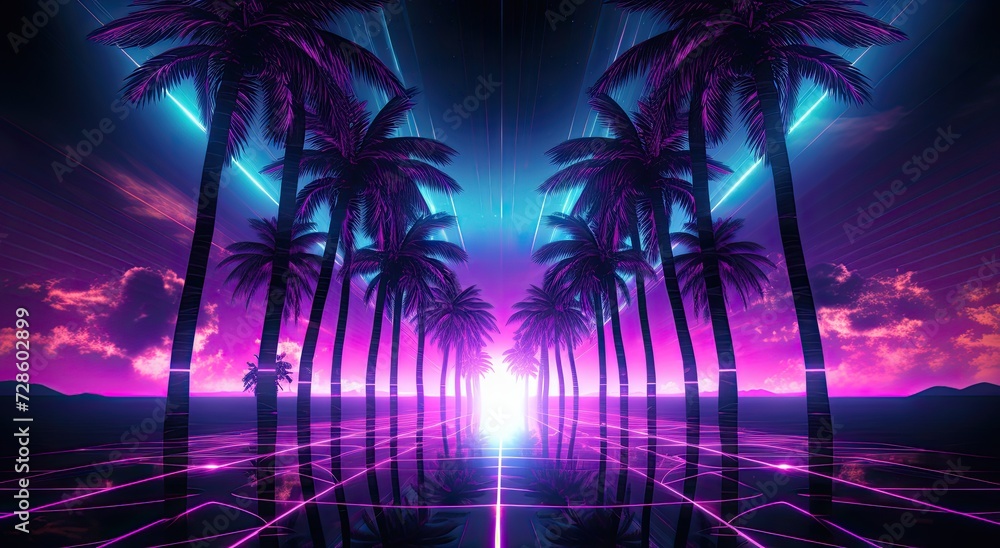a retro-futuristic paradise with a landscape featuring tropical beach palm trees, reflecting the vibrant aesthetic of the electronic cyberpunk era of the 80s and 90s. a retro-futuristic paradise with a landscape featuring tropical beach palm trees, reflecting the vibrant aesthetic of the electronic cyberpunk era of the 80s and 90s.