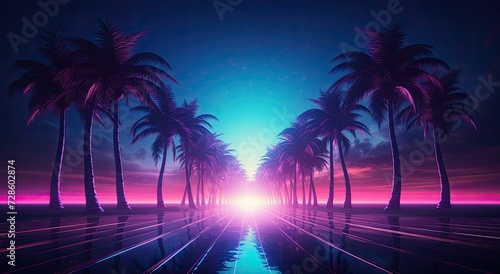 a retro-futuristic paradise with a landscape featuring tropical beach palm trees  reflecting the vibrant aesthetic of the electronic cyberpunk era of the 80s and 90s.