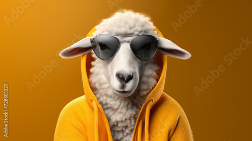 Portrait of a stylish ram in a yellow hoodie and in sunglasses on a blue background. Place for text. Eid al Adha Mubarak greeting card with sheep. Eid al Adha concept background.