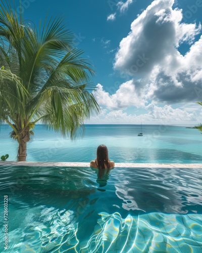 Woman Sitting in Pool Overlooking the Ocean © Yana