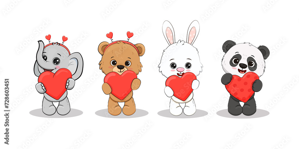 Cute cartoon elephant cub, panda, bunny, teddy bear with a red hearts for your design. Valentine's day card. Mothers day. Cute cartoon elephant cub, panda, bunny, teddy bear with a red hearts for your design. Valentine's day card. Mothers day.