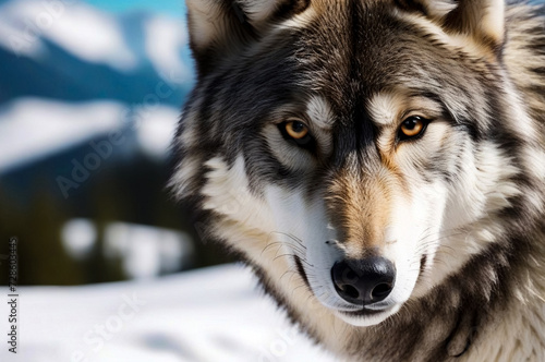 Close up of wolf face full frame. Gray wolf fur natural head, background. Animal wildlife concept and style for design, textures and wallpaper. Banner, poster. Generated Ai. Copy ad text space photo