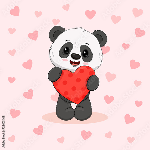 cute cartoon panda with a red heart on colorful background with hearts. Funny panda bear cub. Valentine's day, Mothers day card. 