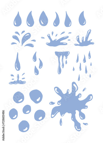 Water drops of different shapes, splashes set. Liquid droplets isolated on white background. Vector illustration. © Alena