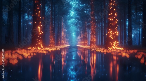 A symmetrical arrangement of LED lights  creating an otherworldly digital forest