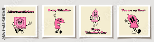 Set of Valentine's day cards with Retro condom mascot character. Love, Valentine's Day