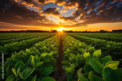 A Large Field of Green Plants With the Sun Setting in the Background