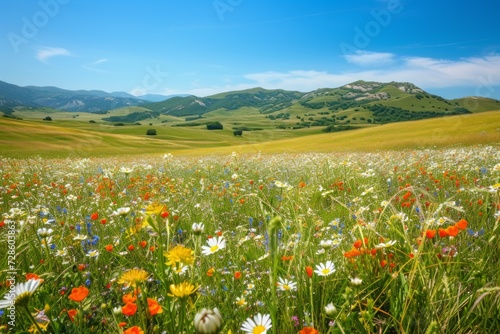 Field Full of Wildflowers With Mountains in the Background