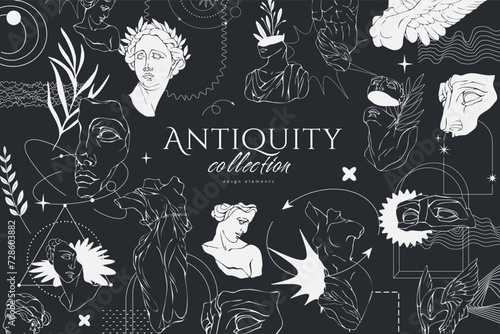 Vector set of logo with antique sculptures. Vector illustration with classical Sculpture for card poster T-Shirt or printing. Contemporary hand drawn mythical collection in line design style. Vector