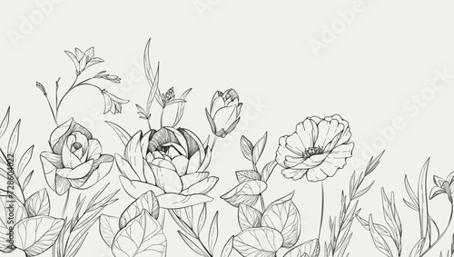 Floral bakground with bouquet of various flowers. Botanical foliage for wedding invitation, wall art or wallpaper. Vector illustration