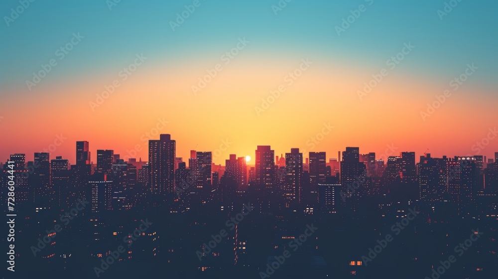 An abstract urban skyline at sunset, where silhouettes of buildings blend with warm hues An abstract urban skyline at sunset, where silhouettes of buildings blend with warm hues