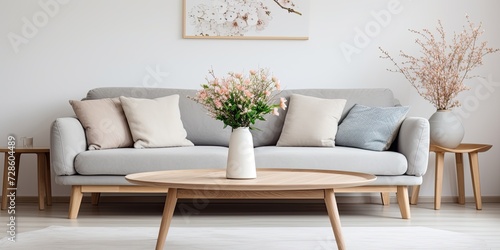 Scandinavian living room with trendy decor, including flowers on wooden coffee table. © Vusal