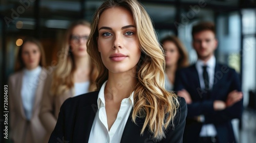 Portrait of young businesswoman standing in office with colleagues in background
