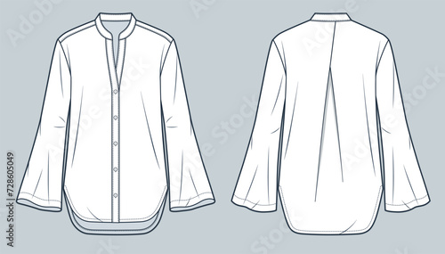 Tunic Shirt technical fashion Illustration. Bell Sleeve Tunic fashion flat technical drawing template, button down,v neck, relaxed fit, front and back view, white, women, men, unisex CAD mockup.