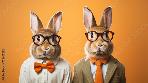 adult beautiful two bunny, wearing glasses looking curiously into the camera lens, smiling, on a plain background