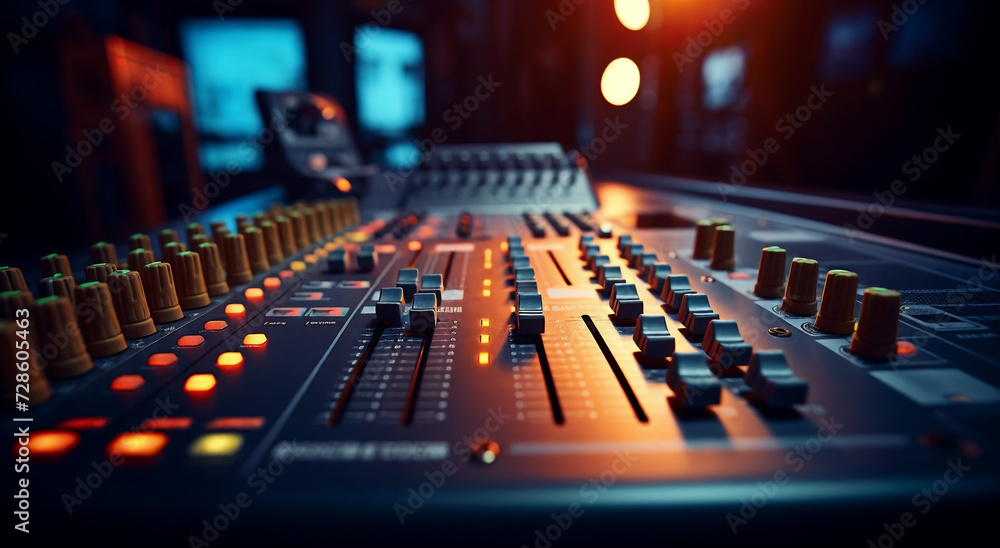 a sound board with many knobs and lights on it's sides and a blurry background of a building, generative ai a sound board with many knobs and lights on it's sides and a blurry background of a building, generative ai
