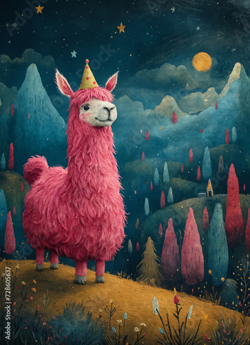 Pink alpaca with a party cap on her head in a clearing against the backdrop of mountains with colorful trees
