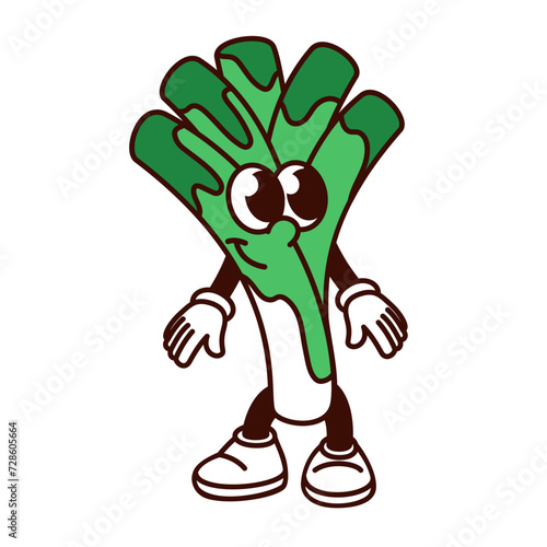 Groovy cartoon leek character with funny smile on cute face. Retro organic vegetable mascot, cartoon leek with arms and legs standing, healthy food sticker of 70s 80s style vector illustration