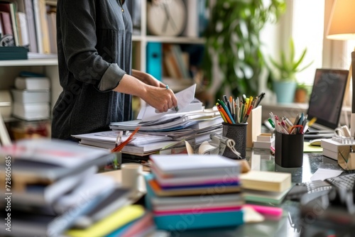 Woman Standing in Front of Book-Filled Desk