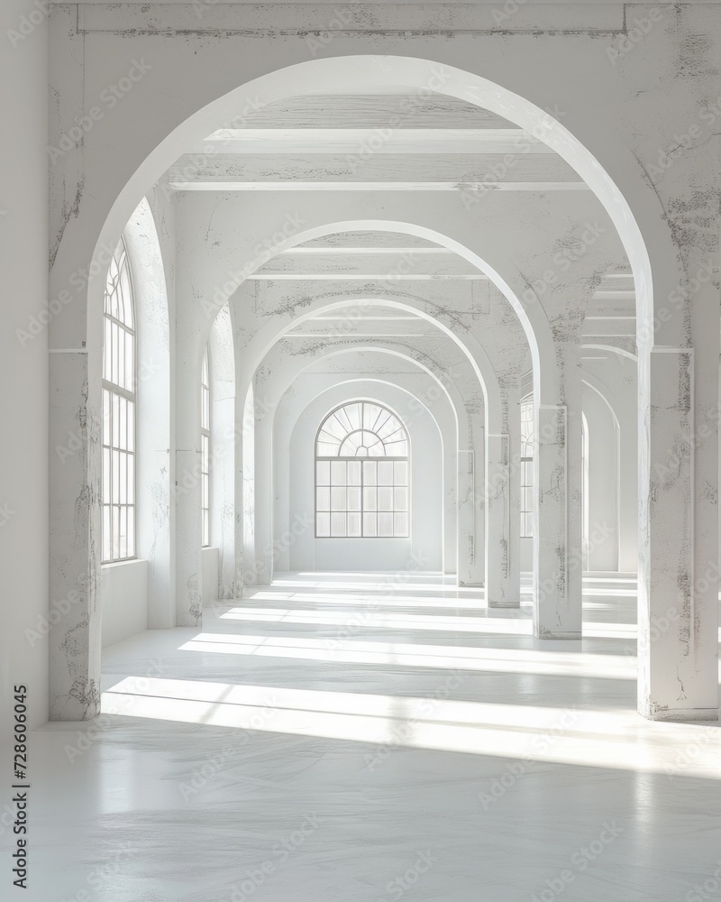 An Empty White Room With Arches and Windows