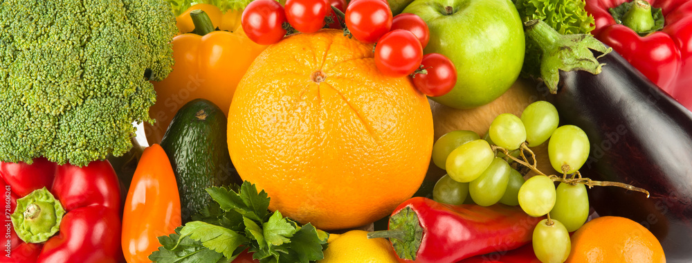 set of fruits and vegetables. Bright background. Wide photo. set of fruits and vegetables. Bright background. Wide photo.