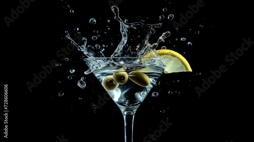 Clear cocktail in Martini glass, decorated with olives and lemon, with splash, on black background