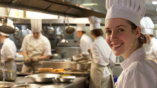 Cheerful smiling female Caucasian cook in restaurant kitchen