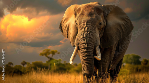 Big elephant in savannah, stormy dramatic sky, sunset light © Kondor83