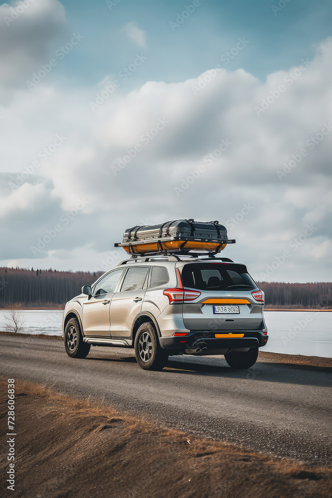 Highlighting the excitement of family vacations, suitcases elegantly placed on the roof. Highlighting the excitement of family vacations, suitcases elegantly placed on the roof.