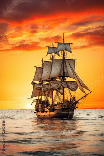 Crimson Tide. Small sailing ship in the open sea at sunset.