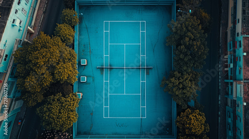 Aerial top view of tennis court with blue coating in a city yard or park in the shade of trees. Development and popularization of mass sports and active leisure in the urban environment. photo