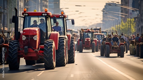 Row of tractors and agricultural machinery drives along the road, surrounded by cultivated fields. Agricultural workers go to protest rally against tax increases, changes in law, abolition of benefits © Ziyan Yang