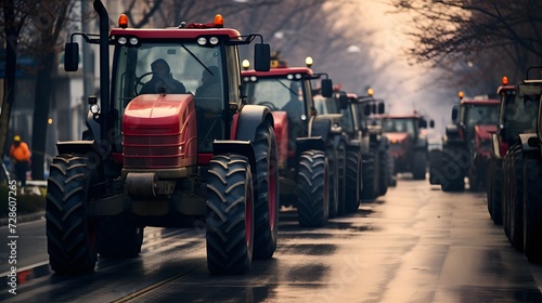 Row of tractors and agricultural machinery drives along the road, surrounded by cultivated fields. Agricultural workers go to protest rally against tax increases, changes in law, abolition of benefits