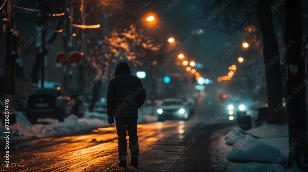 Person Walking Down a Snowy Street at Night
