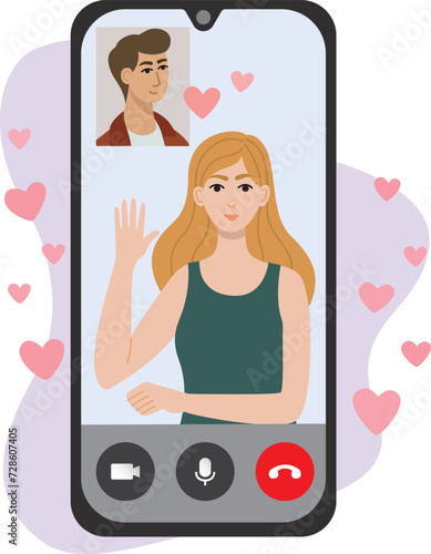 Vector illustration of boyfriend video calling to girlfriend's smartphone. Communication concept of phone video call with couple in love.