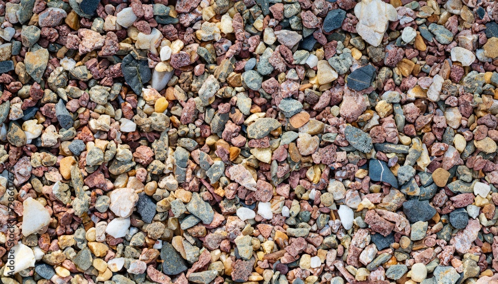 Downward view of multi-color crushed stone gravel, and pebbles Downward view of multi-color crushed stone gravel, and pebbles