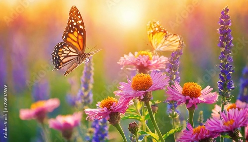 art beautiful summer sunset background with blooming wild lovanda flowers and flying butterflies in a sunny meadow