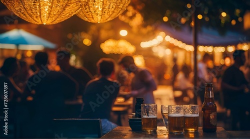 Bokeh background of Street Bar beer restaurant. Generative AI photo