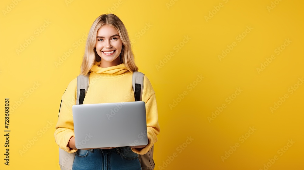 Happy pretty gen z blonde smiling girl student with blond hair holding backpack using laptop computer wearing sweater looking at camera standing isolated on yellow background Happy pretty gen z blonde smiling girl student with blond hair holding backpack using laptop computer wearing sweater looking at camera standing isolated on yellow background